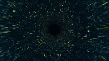 Yeşil çizgilerden tünele uçma animasyonu ve veri transferi olarak titreşen parçacıklar, kusursuz döngünün animasyonu ile soyut teknoloji arka planı