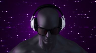 Gözlüklü ve kulaklıklı insanın soyut beyaz 3D modeli mor arka planda müzik dinliyor, kusursuz döngünün animasyonu 