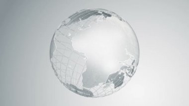 Gri Dünya Küresi 'nin camdan dönmesiyle soyut arkaplan, pürüzsüz döngü animasyonu 