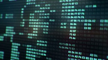 Bilgisayar ekranında farklı yapılandırmalarda turkuaz ikili kodların temsili ile teknolojik arkaplan, kusursuz döngünün animasyonu