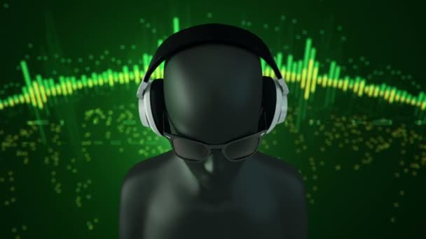 Абстрактная Черная Модель Человека Очках Наушниках Слушающая Музыку Зеленом Фоне — стоковое видео