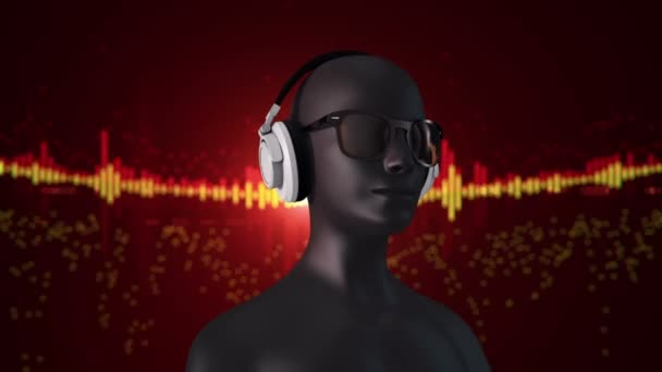 Abstract Black Model Human Eyeglasses Headphones Listening Music Red Background — Stock Video