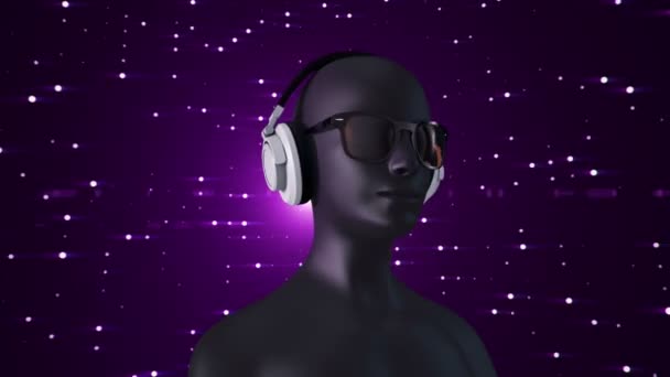 Abstract White Model Human Eyeglasses Headphones Listening Music Purple Background — Stock Video