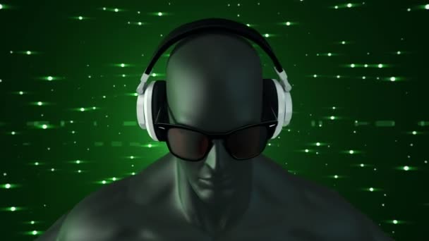 眼镜和耳机中的人类抽象黑色3D模型 在绿色背景下听音乐 无缝循环动画 — 图库视频影像
