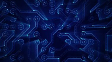 Devre elektrik sinyal parçacıkları ve mavi ışık çizgilerinin animasyonuyla soyut teknoloji arka planı. Kusursuz döngünün animasyonu.  