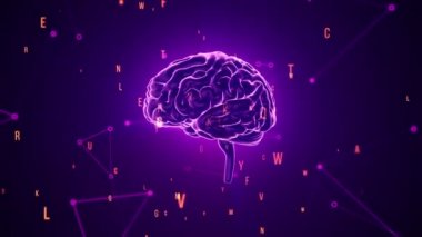 Gri arka planda uçan verilerle dönen mor insan beyninin animasyonu. Kusursuz döngünün animasyonu