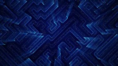Devre elektrik sinyal parçacıkları ve mavi ışık çizgilerinin animasyonuyla soyut teknoloji arka planı. Kusursuz döngünün animasyonu.  