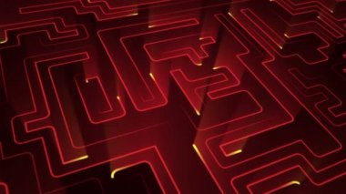 Devre elektrik sinyal parçacıkları ve kırmızı ışık çizgilerinin animasyonuyla soyut teknoloji arka planı. Kusursuz döngünün animasyonu.  