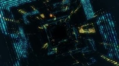 Parlayan ve yanıp sönen parçacıklardan dijital teknolojik tünele uçmanın animasyonu. Kusursuz döngünün animasyonu.