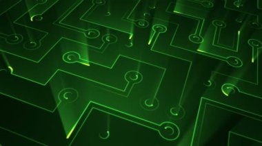 Devre elektrik sinyal parçacıkları ve yeşil ışık çizgilerinin animasyonuyla soyut teknoloji arka planı. Kusursuz döngünün animasyonu.  