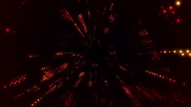 Parlayan ve yanıp sönen parçacıklardan dijital teknolojik tünele uçmanın animasyonu. Kusursuz döngünün animasyonu.