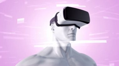 Vr Kulaklıklı, parçacıklar ve verilerle soyut uzayda insan animasyonu. Sanal gerçeklik ve teknoloji endüstrisi. Kusursuz döngünün animasyonu.