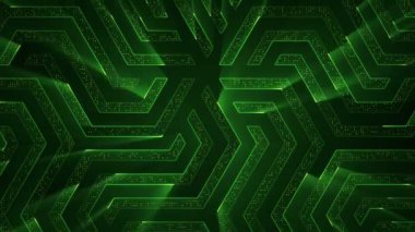 Çizgili ve parçalı geometrik arkaplan. Yeşil ışıklı devre elektrik sinyalinin animasyonu. Kusursuz döngünün animasyonu.  