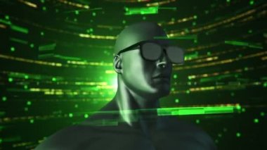 VR gözlüklü insan animasyonu soyut uzayda parçacıklar ve verilerle. Sanal gerçeklik ve teknoloji endüstrisi. Kusursuz döngünün animasyonu.