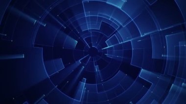 Devre elektrik sinyal parçacıkları ve mavi ışık çizgilerinin animasyonuyla soyut teknoloji arka planı. Kusursuz döngünün animasyonu.  