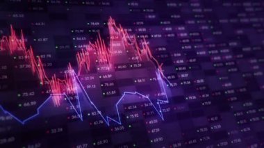 Büyüyen grafiklerin canlandırılmasıyla soyut bir arkaplan ve yüzde sembolleri olan sayılar akışı. Finansal rakamlar ve grafikler artan kâr gösteriyor. Kusursuz döngünün animasyonu.