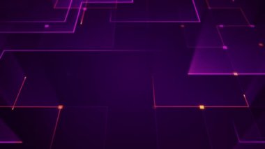 Çizgili ve parçalı geometrik arkaplan. Mor parıltılı devre elektrik sinyalinin animasyonu. Kusursuz döngünün animasyonu.  