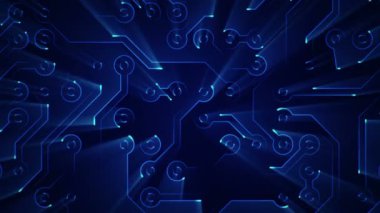 Devre elektrik sinyal parçacıkları ve mavi ışık çizgilerinin animasyonuyla soyut teknoloji arka planı. Kusursuz döngünün animasyonu.  