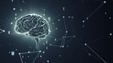 Gri arka planda uçan verilerle dönen insan beyninin animasyonu. Kusursuz döngünün animasyonu