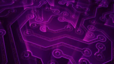 Devre elektrik sinyal parçacıkları ve mor ışık çizgilerinin animasyonuyla soyut teknoloji arka planı. Kusursuz döngünün animasyonu. 