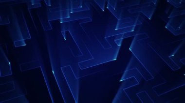 Çizgili ve parçalı geometrik arkaplan. Mavi ışıltılı devre elektrik sinyalinin animasyonu. Kusursuz döngünün animasyonu.  