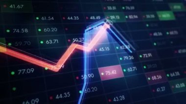 Büyüyen grafiklerin canlandırılmasıyla soyut bir arkaplan ve yüzde sembolleri olan sayılar akışı. Finansal rakamlar ve grafikler artan kâr gösteriyor. Kusursuz döngünün animasyonu.