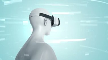 Vr Kulaklıklı, parçacıklar ve verilerle soyut uzayda insan animasyonu. Sanal gerçeklik ve teknoloji endüstrisi. Kusursuz döngünün animasyonu.