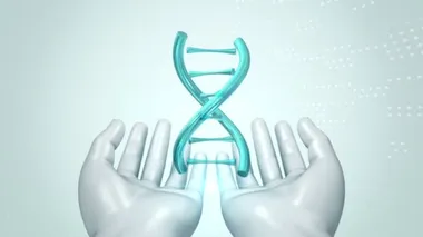 Soyut arka plan, insan eliyle soyut DNA sarmalı döndürme animasyonu. Kusursuz döngünün animasyonu.