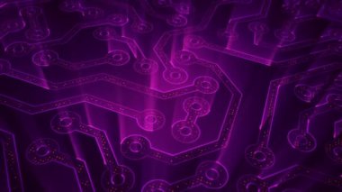 Devre elektrik sinyal parçacıkları ve mor ışık çizgilerinin animasyonuyla soyut teknoloji arka planı. Kusursuz döngünün animasyonu. 