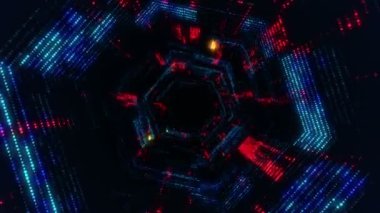 Parlayan ve yanıp sönen parçacıklardan dijital teknolojik tünele uçmanın animasyonu. Kusursuz döngünün animasyonu.