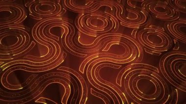 Devre elektrik sinyal parçacıkları ve turuncu ışık çizgilerinin animasyonuyla soyut teknoloji arka planı. Kusursuz döngünün animasyonu.  