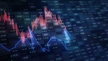 Büyüyen grafiklerin canlandırılmasıyla soyut bir arkaplan ve yüzde sembolleri olan sayılar akışı. Finansal rakamlar ve grafikler artan kâr gösteriyor. Kusursuz döngünün animasyonu.