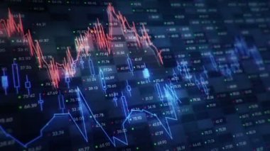 Büyüyen grafiklerin canlandırılmasıyla soyut bir arkaplan ve yüzde sembolleri olan sayılar akışı. Finansal rakamlar ve grafikler artan kâr gösteriyor. Kusursuz döngünün animasyonu.
