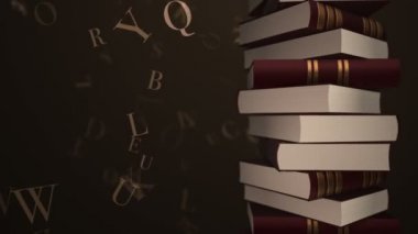 Kütüphanedeki ya da evdeki uçan harflerle dolu eski kitapların animasyon rotasyonu. Deri kapaklı ve altın çizgili kitaplar. Kusursuz döngünün animasyonu