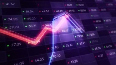 Büyüyen grafiklerin canlandırılmasıyla soyut bir arkaplan ve yüzde sembolleri olan sayılar akışı. Finansal rakamlar ve grafikler artan kâr gösteriyor. Kusursuz döngünün animasyonu.