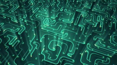 Devre elektrik sinyal parçacıkları ve yeşil ışık çizgilerinin animasyonuyla soyut teknoloji arka planı. Kusursuz döngünün animasyonu.