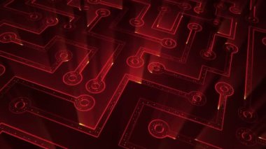Devre elektrik sinyal parçacıkları ve kırmızı ışık çizgilerinin animasyonuyla soyut teknoloji arka planı. Kusursuz döngünün animasyonu.  