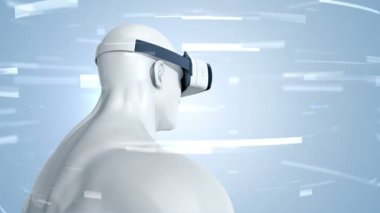 Vr Kulaklıklı, parçacıklar ve verilerle soyut uzayda insan animasyonu. Sanal gerçeklik ve teknoloji endüstrisi. Kusursuz döngünün animasyonu.