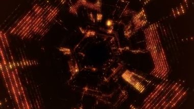 Parlayan ve yanıp sönen parçacıklardan dijital teknolojik tünele uçmanın animasyonu. Kusursuz döngünün animasyonu.