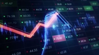 Büyüyen grafiklerin canlandırılmasıyla soyut bir arkaplan ve yüzde sembolleri olan sayılar akışı. Finansal rakamlar ve grafikler artan kâr gösteriyor. Kusursuz döngünün animasyonu.