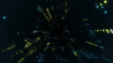 Parlayan ve yanıp sönen parçacıklardan dijital teknolojik tünele uçmanın animasyonu. Kusursuz döngünün animasyonu.