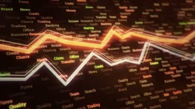 Büyüyen grafiklerin canlandırılmasıyla soyut bir arkaplan ve yüzde sembolleri olan sayılar akışı. Finansal rakamlar ve grafikler artan kâr gösteriyor. Kusursuz döngünün animasyonu.