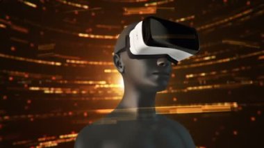 Vr Kulaklıklı, parçacıklar ve verilerle soyut uzayda insan animasyonu. Sanal gerçeklik ve teknoloji endüstrisi. Kusursuz döngünün animasyonu.