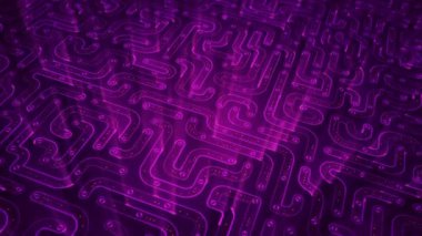 Devre elektrik sinyal parçacıkları ve mor ışık çizgilerinin animasyonuyla soyut teknoloji arka planı. Kusursuz döngünün animasyonu. 