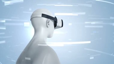 Vr Kulaklıklı, parçacıklar ve verilerle soyut uzayda insan animasyonu. Sanal gerçeklik ve teknoloji endüstrisi. Kusursuz döngünün animasyonu.