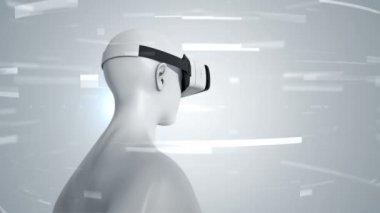 Vr Kulaklıklı, parçacıklar ve verilerle soyut uzayda insan animasyonu. Sanal gerçeklik ve teknoloji endüstrisi. Kusursuz döngünün animasyonu.