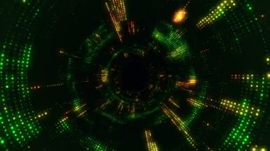 Parlayan ve yanıp sönen parçacıklardan dijital teknolojik tünele uçmanın animasyonu. Kusursuz döngünün animasyonu.