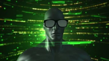 VR gözlüklü insan animasyonu soyut uzayda parçacıklar ve verilerle. Sanal gerçeklik ve teknoloji endüstrisi. Kusursuz döngünün animasyonu.