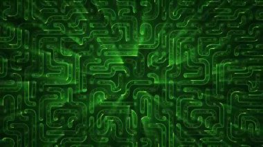 Devre elektrik sinyal parçacıkları ve yeşil ışık çizgilerinin animasyonuyla soyut teknoloji arka planı. Kusursuz döngünün animasyonu.  
