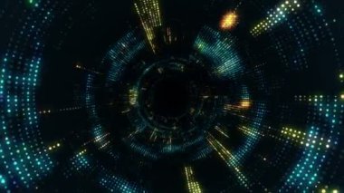Parlayan ve yanıp sönen parçacıklardan dijital teknolojik tünele uçmanın animasyonu. Kusursuz döngünün animasyonu.